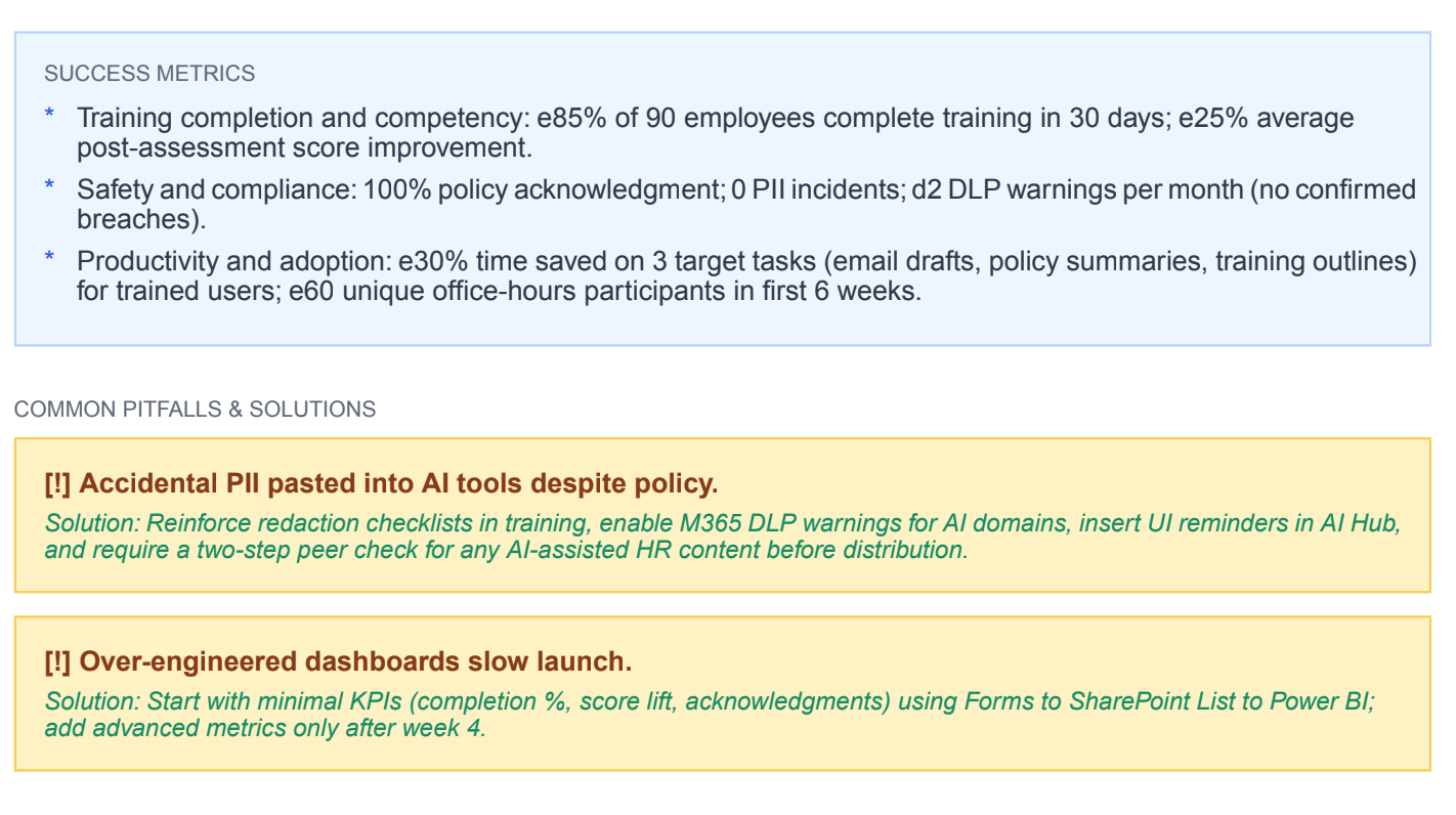 Success metrics dashboard showing KPIs and pitfalls to avoid